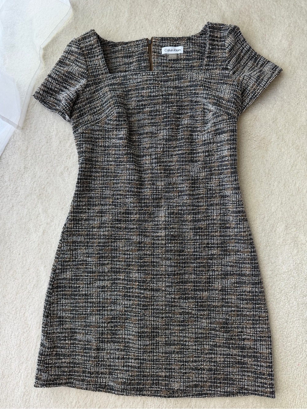 Calvin Klein Black and Cream Tweed Sheath Dress with Subtle Brown Accents
